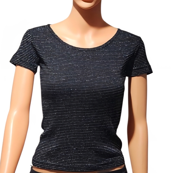Elegant Black and Silver Striped Short Sleeve Top - Picture 1 of 6
